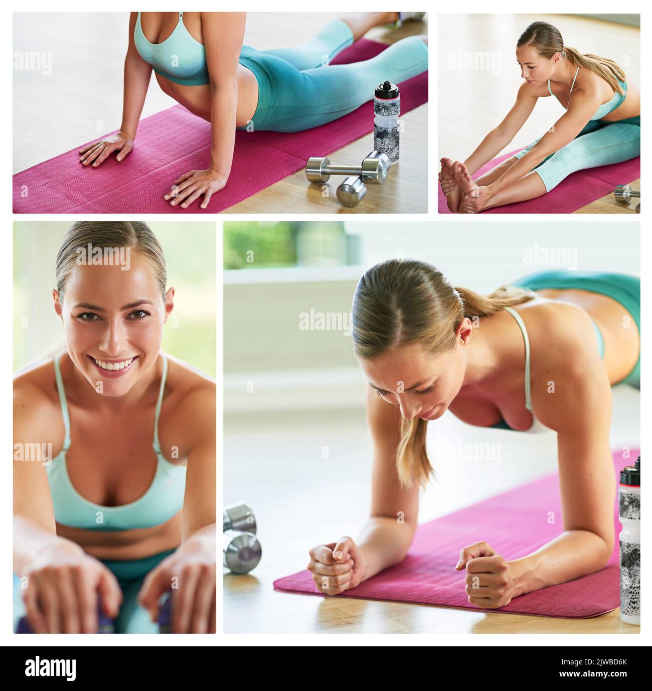 Amatevi abbastanza per vivere uno stile di vita sano. Immagine composita di una giovane donna attraente che si esercita a casa. Foto Stock