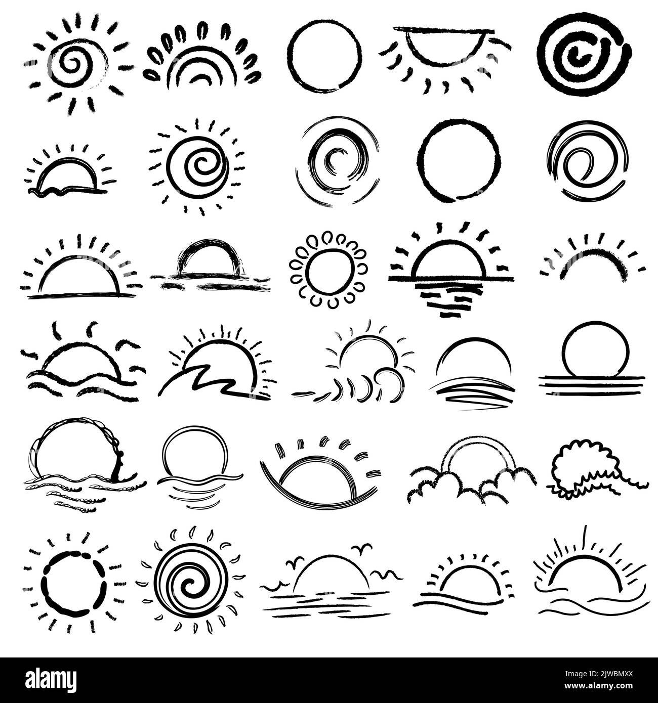 Sole disegnato a mano, raggi del sole, uno schizzo del sole, stile doodle. Illustrazione della grafica vettoriale Illustrazione Vettoriale