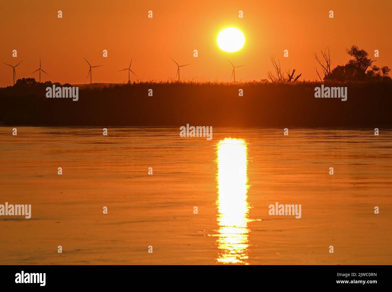 Lebus, Germania. 05th Set, 2022. Il sole che sorge splende sul confine tedesco-polacco del fiume Oder. Dall'inizio di agosto, tonnellate di pesci morti erano state recuperate dal fiume di confine tedesco-polacco. Diverse centinaia di sostanze chimiche potrebbero essere i possibili fattori che possono contribuire al disastro ambientale, ma la causa esatta è ancora poco chiara. La relazione finale di un gruppo di esperti tedesco-polacco sulle possibili cause dovrebbe essere disponibile entro la fine di settembre. Credit: Patrick Pleul/dpa/Alamy Live News Foto Stock