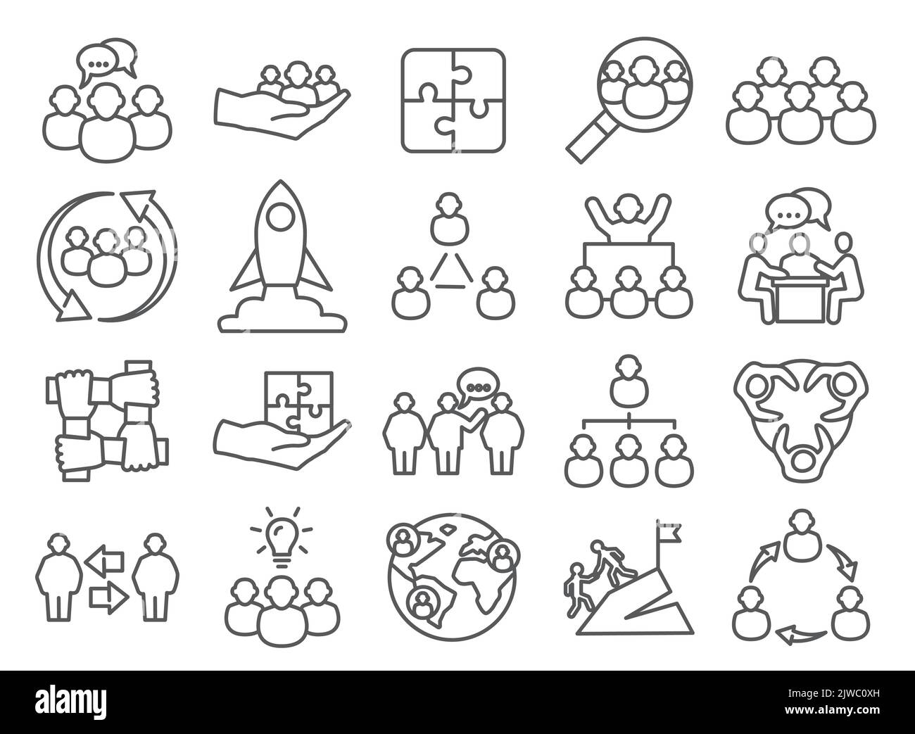 Set vettoriale di icone della linea di lavoro del team. Contiene icone quali collaborazione, Ricerca, Meeting e altro ancora Illustrazione Vettoriale