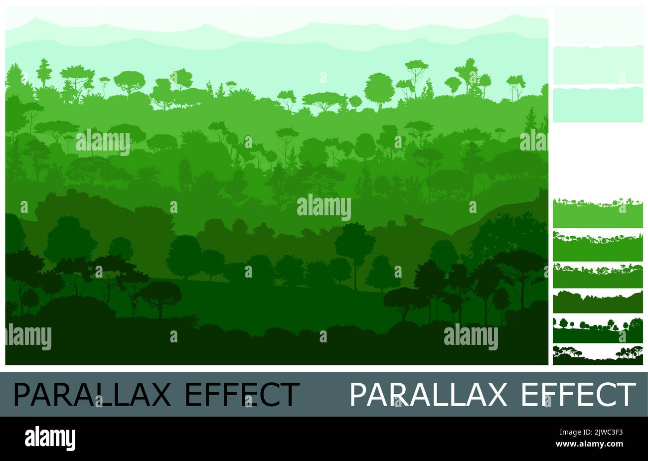 Paesaggio estivo. Immagine da livelli per sovrapposizione con effetto parallasse. Montagna foresta. Giorno di sole. Illustrazione lontano. Tropico nella giungla della foresta pluviale Illustrazione Vettoriale