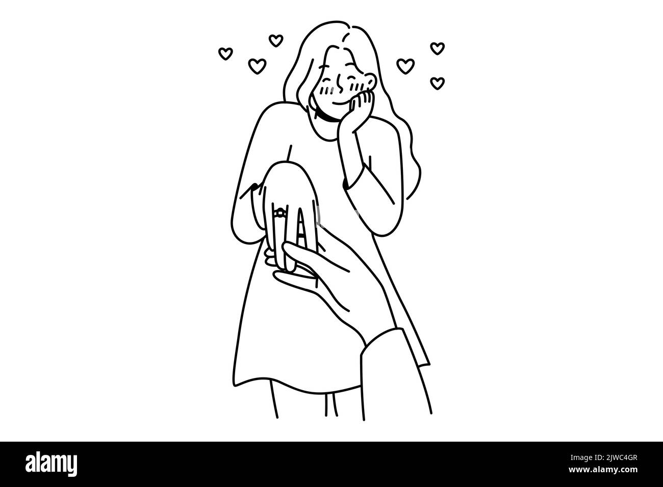 Felice giovane donna con anello su dito è impegnata. L'uomo che tiene la mano dell'amante femminile fa la proposta di matrimonio. Ove e relazione. Illustrazione vettoriale. Illustrazione Vettoriale