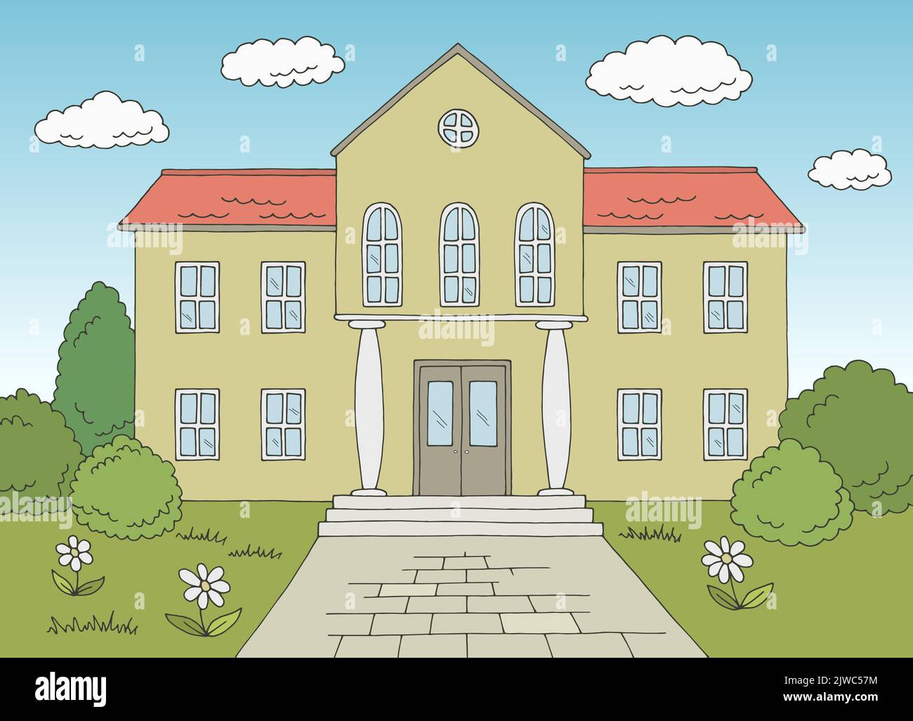 Scuola edificio vista frontale esterno grafico a colori illustrazione vettore schizzo Illustrazione Vettoriale