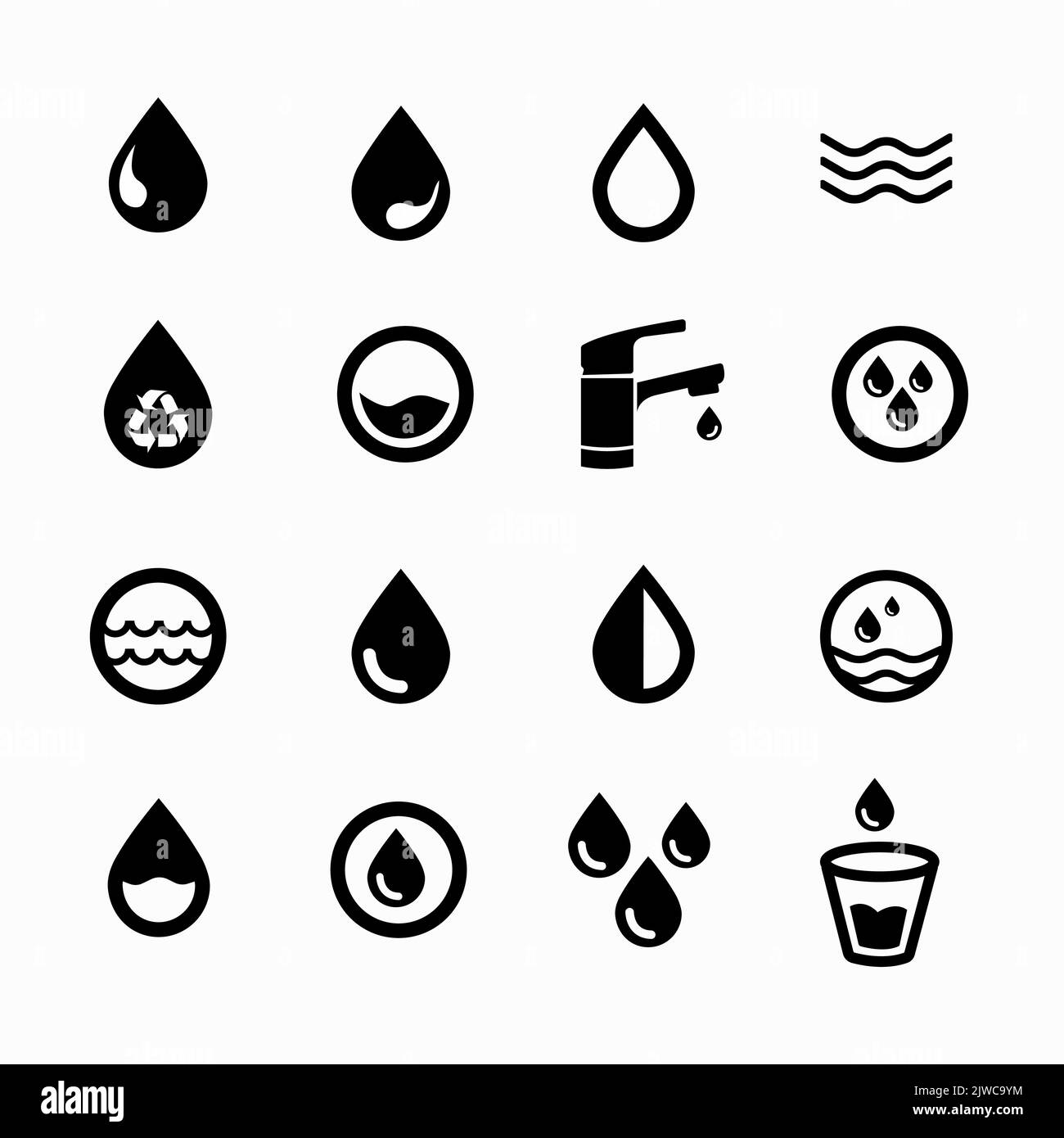 Set di icone vettoriali per gocce d'acqua, collezione moderna di simboli solidi, pacchetto di pittogrammi in stile pieno. Cartelli, illustrazione del logo. Illustrazione Vettoriale