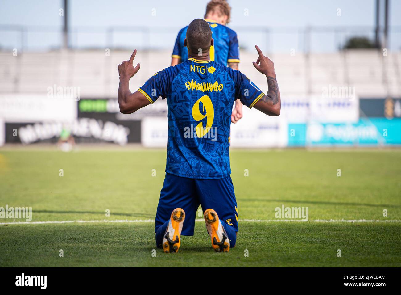 Horsens, Danimarca. 04th Set, 2022. OHI Omoijuanfo (9) di Broendby IF segna per 0-1 durante il Superliga match 3F tra AC Horsens e Broendby IF a Casa Arena di Horsens. (Photo Credit: Gonzales Photo/Alamy Live News Foto Stock