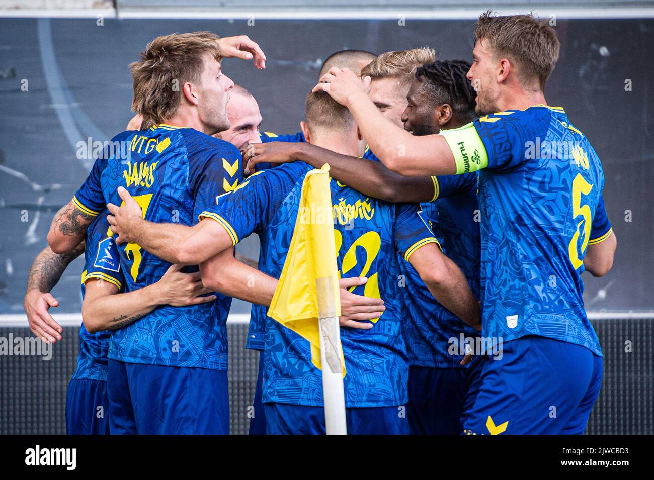 Horsens, Danimarca. 04th Set, 2022. Simon Hedlund (27) di Broendby IF segna per 0-2 durante la Superliga match 3F tra AC Horsens e Broendby IF alla Casa Arena di Horsens. (Photo Credit: Gonzales Photo/Alamy Live News Foto Stock