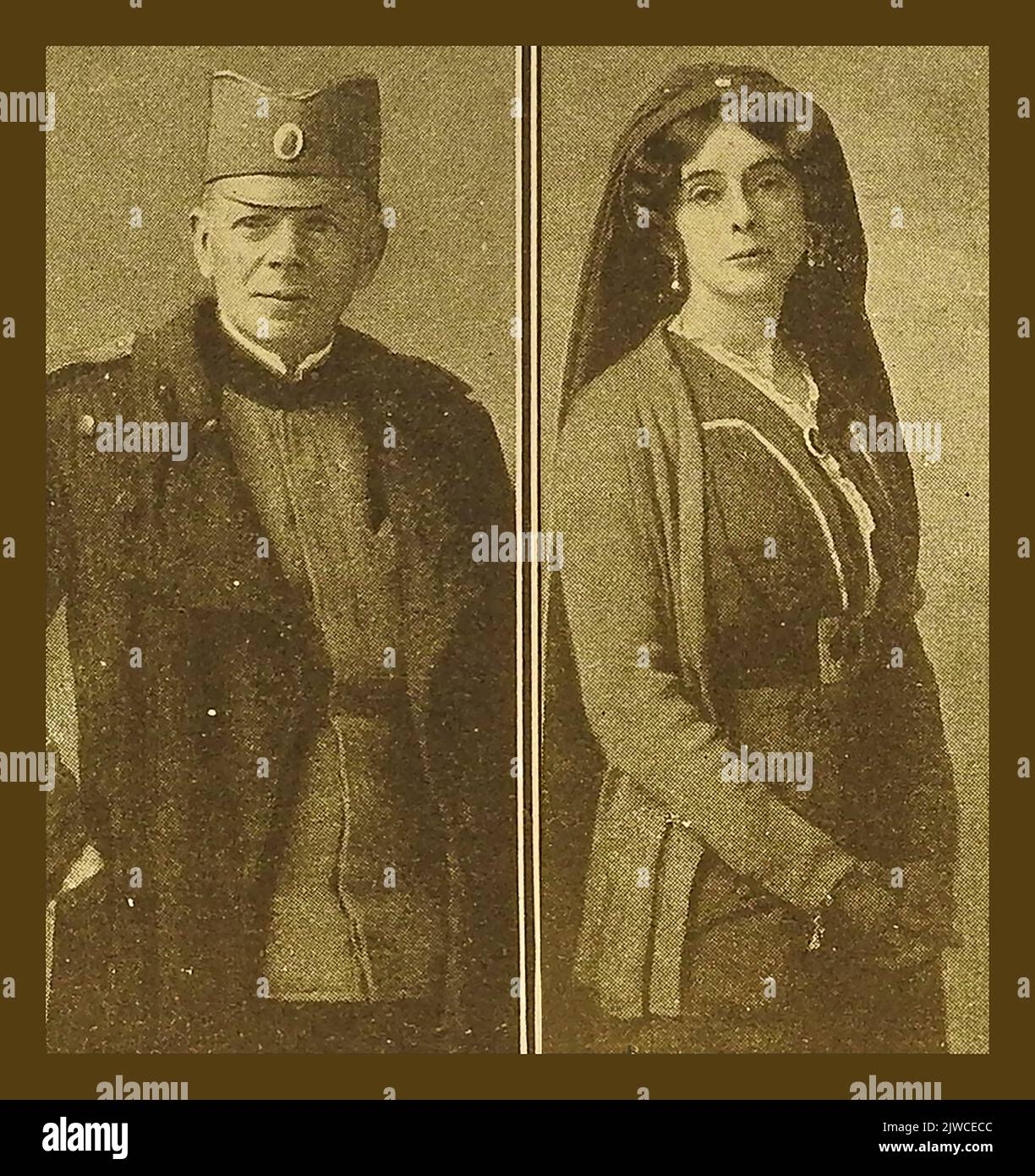 Vecchi ritratti di Claude Askew (1865 – 1917) e sua moglie Alice (1874 – 1917) nee Leake, (entrambi autori prolifici). Si recò in Serbia con il primo ospedale da campo britannico nella prima guerra mondiale e divenne un maggiore onorario delle forze resistenti serbe. In precedenza erano stati entrambi coinvolti con il Munro Ambulance Corps a Furnes in Belgio. --- Stari portreti Kloda Askeua (1865 – 1917) i njegove supruge Alise (1874 – 1917) Nee Leake, (oba plodna autora). Otišao je u Srbiju sa prvom britanskom terenskom bolnicom u Prvom svetskom ratu. Foto Stock