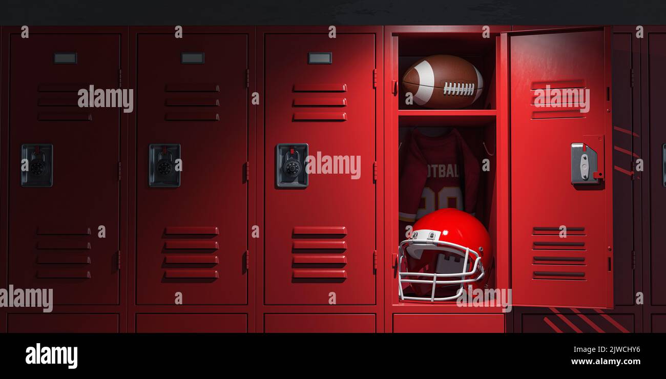 Spogliatoio per football americano con equipaggiamento, palla e casco. illustrazione 3d Foto Stock