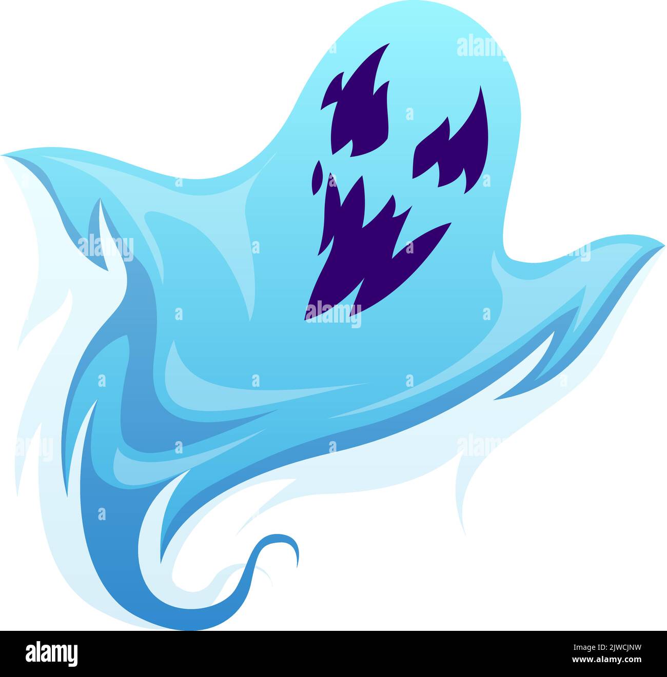 Carattere fantasma. Halloween spaventoso mostro spettrale, fantasma spooks, semplice oggetto isolato, decorazione festa horror, silhouette blu volante con volto malvagio Illustrazione Vettoriale
