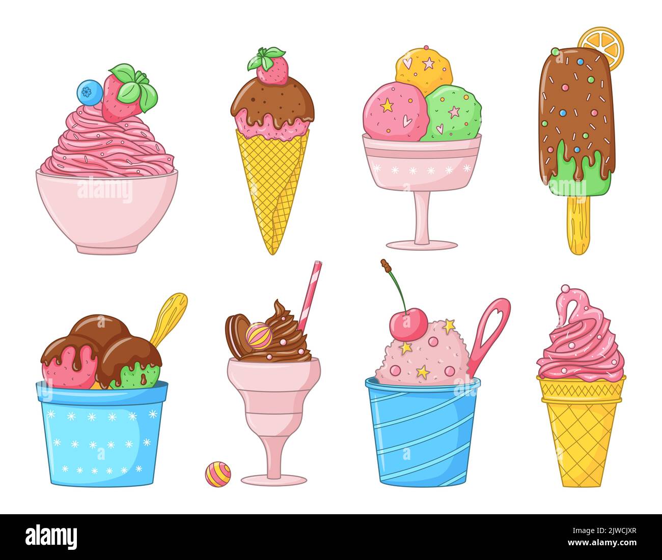 Set di gelato al doodle colorato con cartoni animati. Collezione di diversi tipi di gelato. Delizioso dessert congelato disegnato a mano. Cibo dolce estivo luminoso. Co Illustrazione Vettoriale