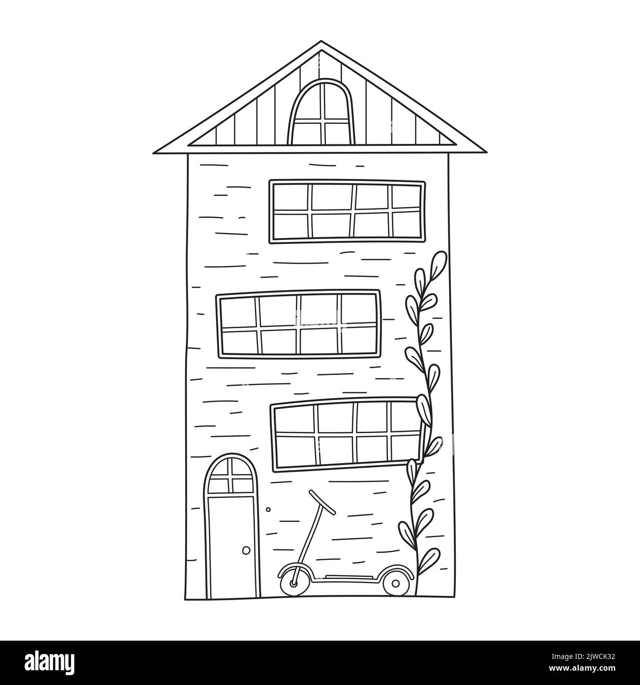 Carino semplice a tre piani casa e scooter in stile bozzetto. Illustrazione vettoriale in bianco e nero disegnata a mano isolata su sfondo bianco Illustrazione Vettoriale