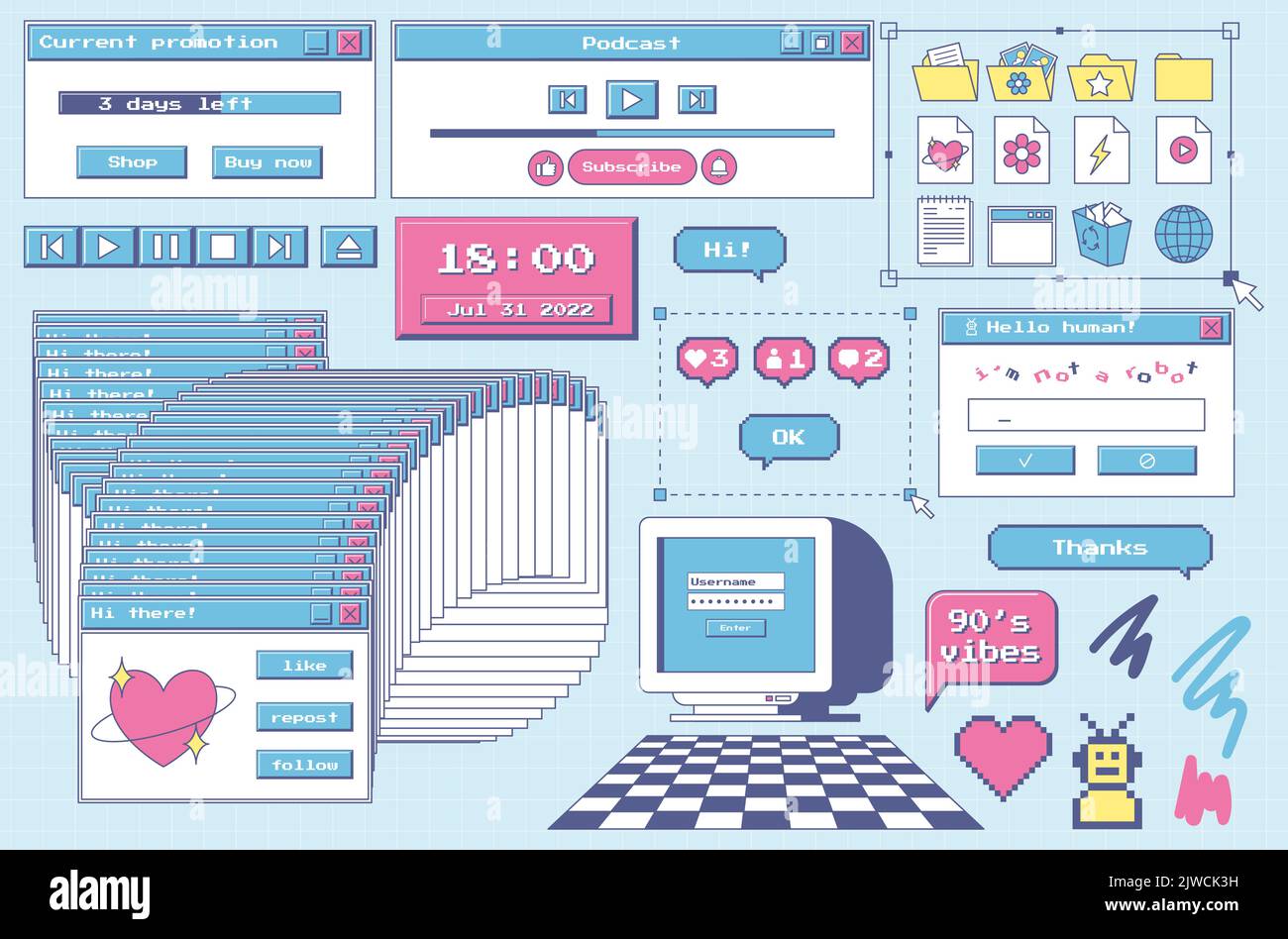 Un set di elementi di design per l'interfaccia utente in stile retrò 80s, 90s. Estetica del vecchio computer. Icone e finestre nostalgiche vintage. Icone cartella,, monitor, Illustrazione Vettoriale
