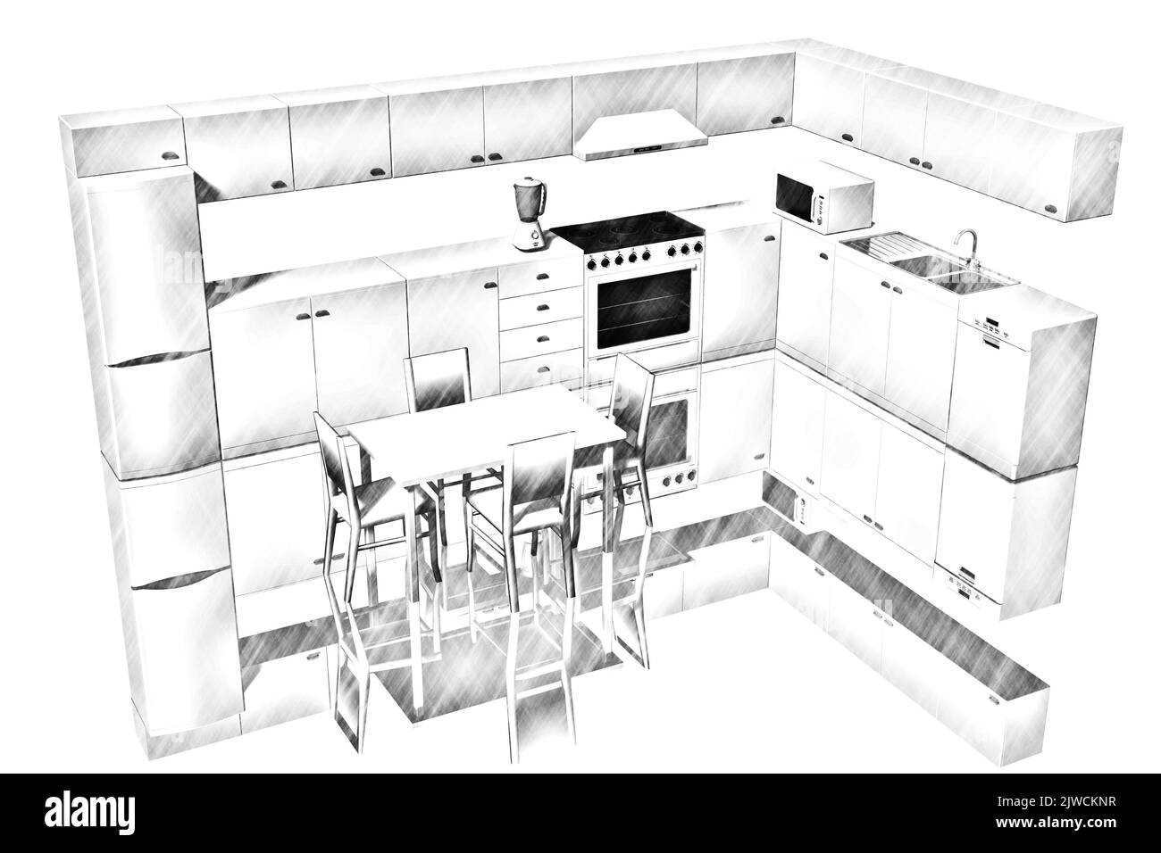 Illustrazione 3D. Cucina modulare completa di elettrodomestici. Foto Stock