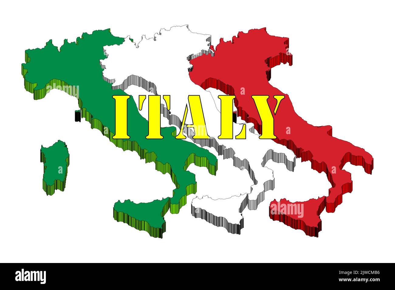 Logo Italia: Silhouette d'Italia, con i colori della bandiera, illustrazione in grafica 3D e con le parole 'Italia'. Foto Stock