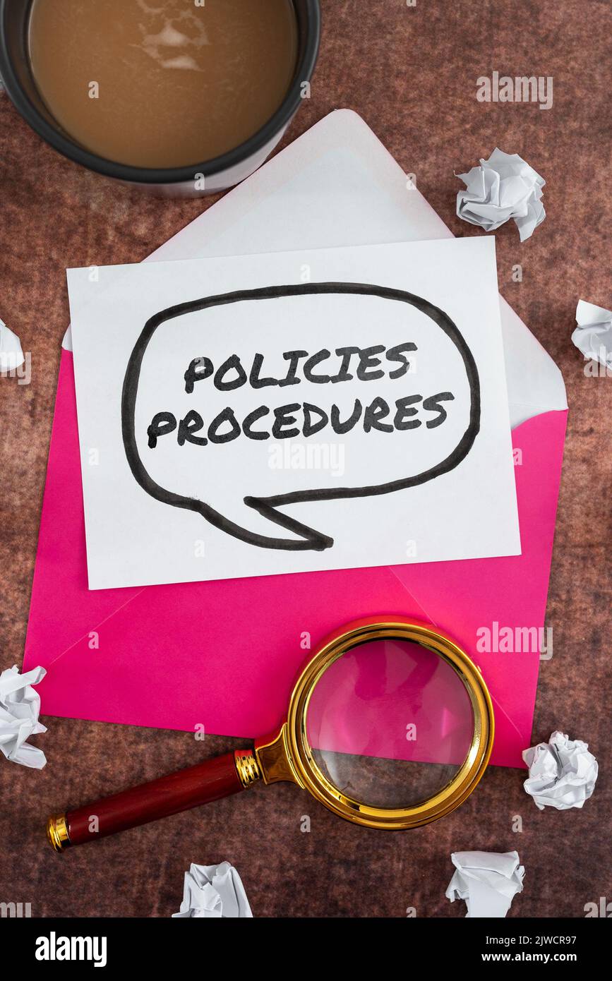 Procedure per i criteri dei segni di scrittura a mano. Parola per influenza principali decisioni e azioni regole linee guida Foto Stock