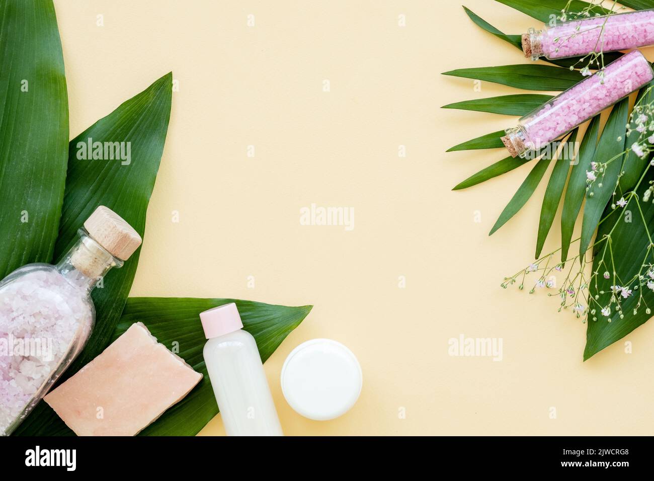 spa salone prodotti cosmetici naturali foglie verdi Foto Stock