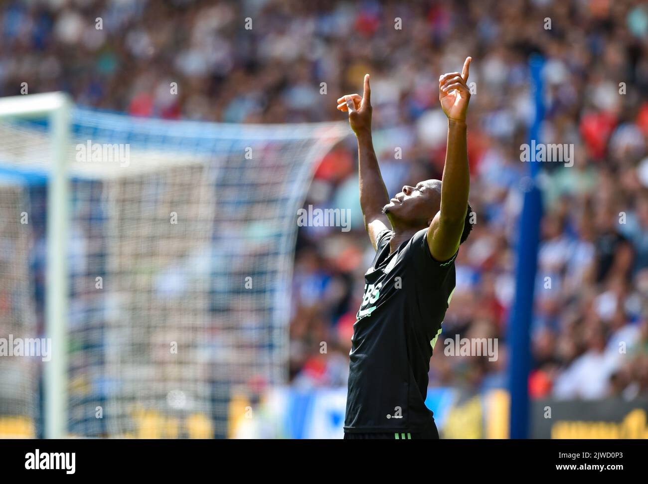 Patson Daka di Leicester festeggia dopo aver segnato il secondo gol durante la partita della Premier League tra Brighton e Hove Albion e Leicester City all'American Express Stadium , Brighton , UK - 4th settembre 2022 solo per uso editoriale. Nessun merchandising. Per le immagini di calcio si applicano le restrizioni di fa e Premier League inc. Nessun utilizzo di Internet/cellulare senza licenza FAPL - per i dettagli contattare Football Dataco Foto Stock