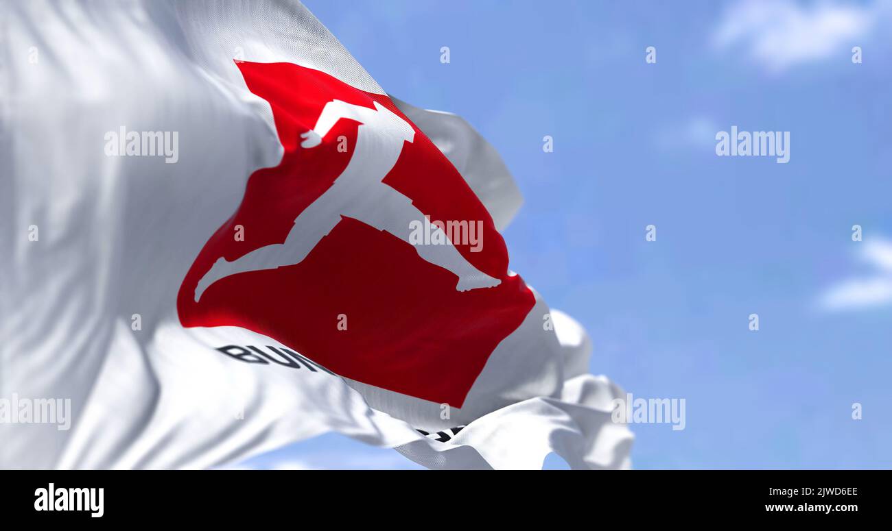 Monaco di Baviera, GER, luglio 2022: Primo piano della bandiera della Bundesliga che sventola nel vento. Bundesliga è una lega di calcio di associazione professionale in Germania. Illus Foto Stock