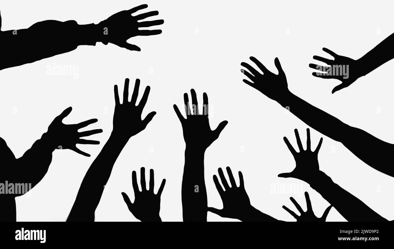 vista parziale di persone con mani sollevate isolate su bianco Foto Stock