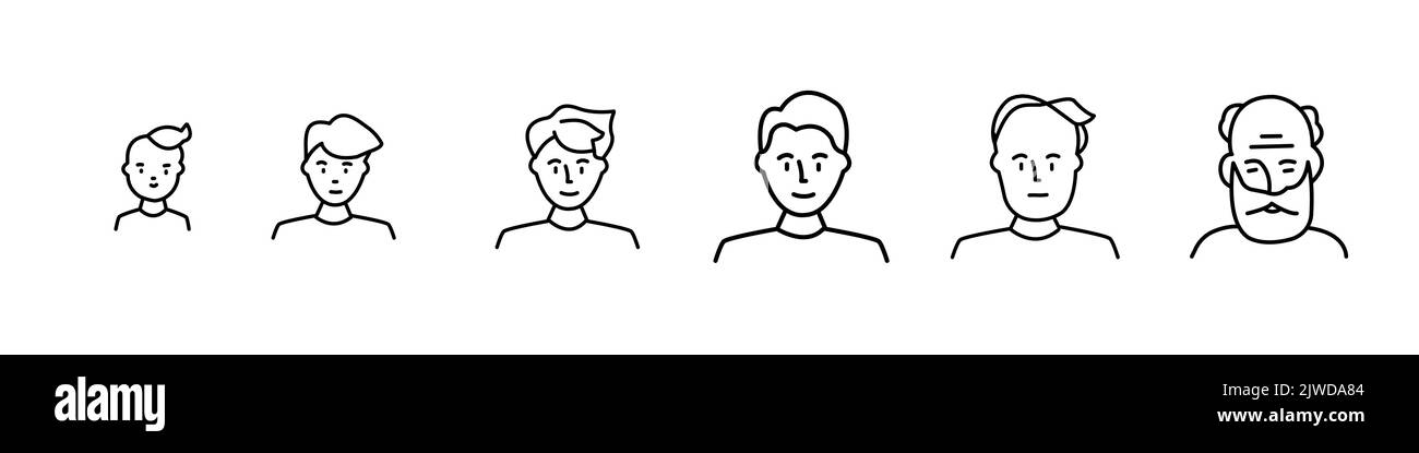 Le fasi della crescita di un uomo - neonato, bambino, adolescente, adulto, anziano. Collezione di silhouette di uomini di età diversa. Isolat illustrazione vettore Illustrazione Vettoriale