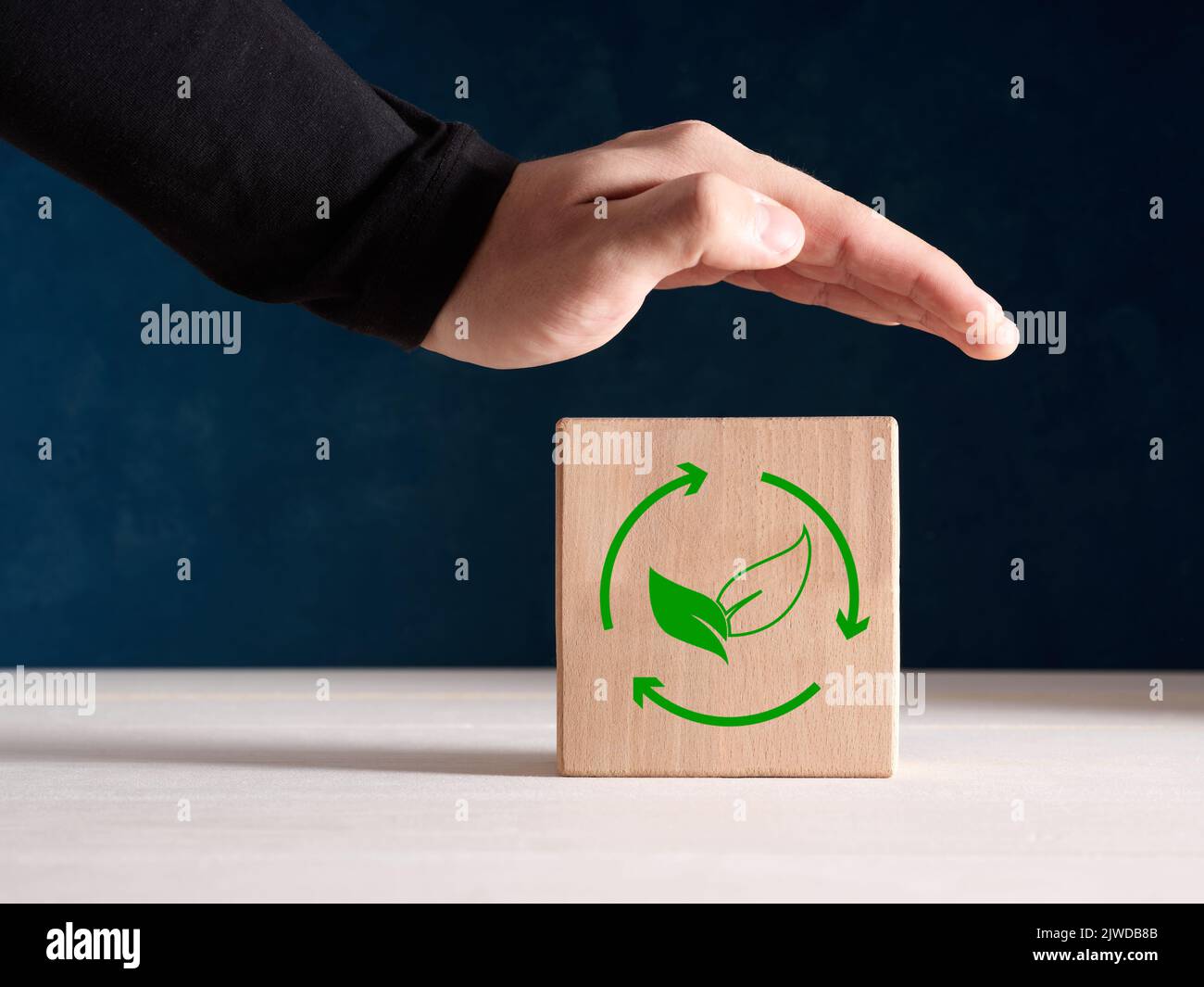 Rispetto dell'ambiente, sicurezza, sviluppo sostenibile e concetto di ecologia. La mano maschio si alza in modo protettivo sopra il blocco di legno con protezione ambientale Foto Stock