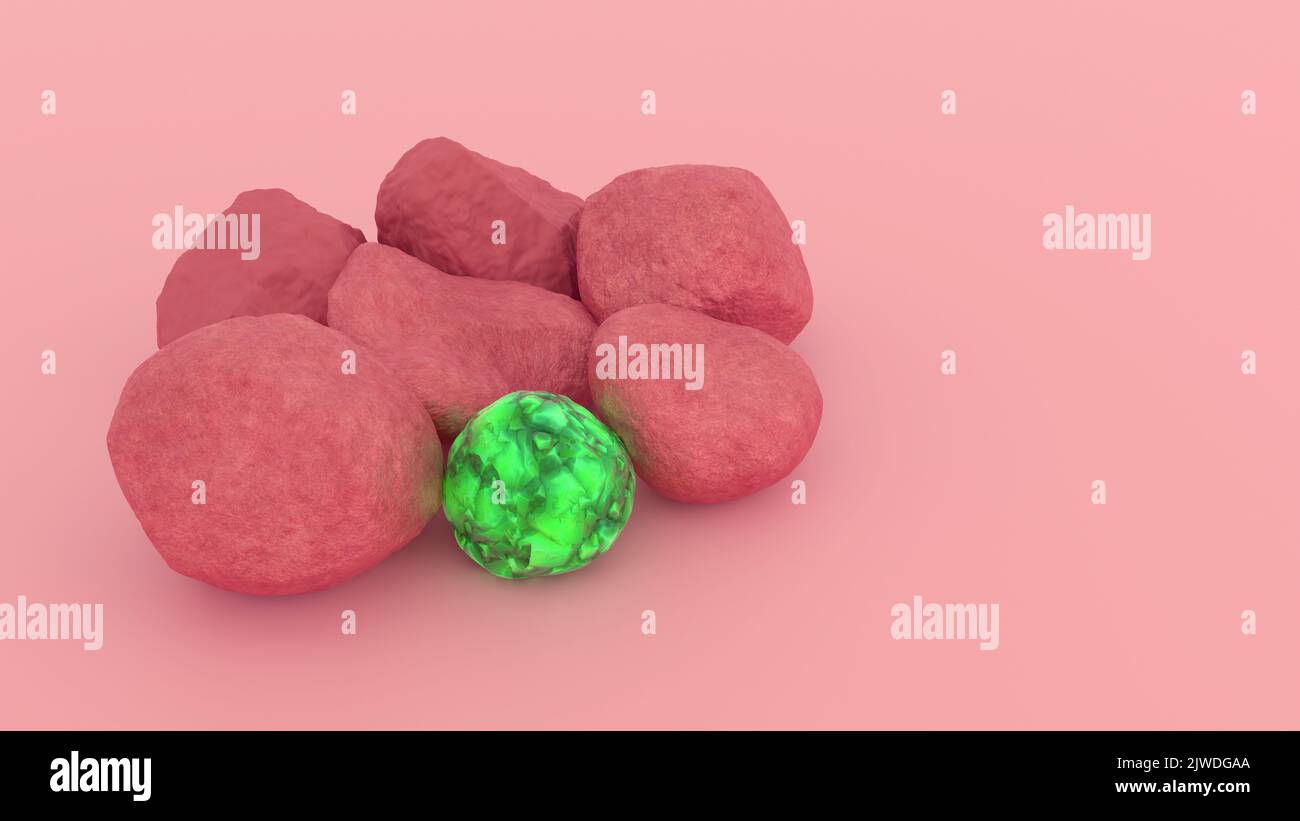 Uno straniero tra i suoi, un corvo bianco. Cinque pietre rosa e una verde su sfondo rosa. rendering 3d. Foto Stock