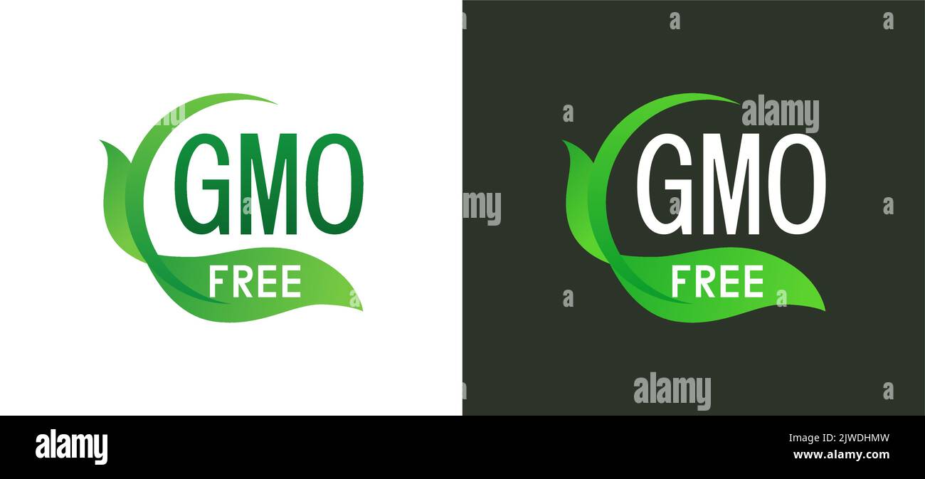 Illustrazione del sigillo vettoriale privo di OGM. Etichetta rotonda con foglie verdi per la pubblicità di produzione Eco e Naturale. Illustrazione Vettoriale