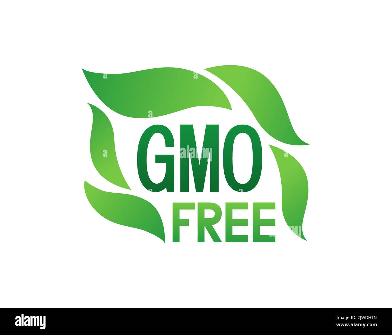 Illustrazione dell'adesivo vettoriale privo di OGM. Etichetta con foglie verdi per la produzione Eco e Naturale. Illustrazione Vettoriale