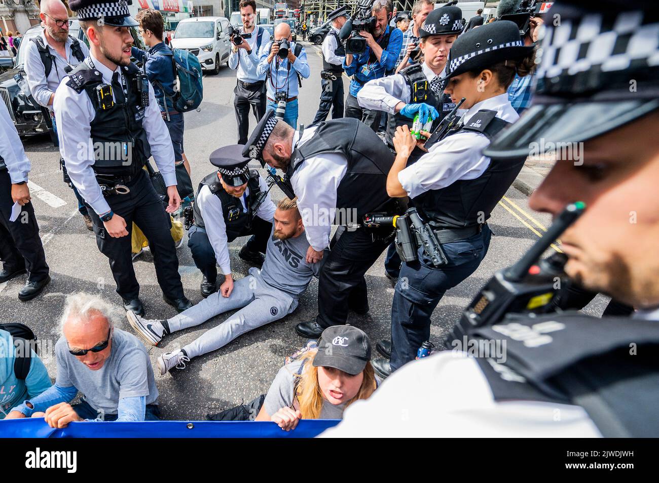 Londra, Regno Unito. 5th Set, 2022. Animal Revolution bloccare la strada all'esterno per chiedere un futuro basato sulla pianta e sono eventuall arrestati - Liz Truss è scelto come leader del Partito conservatore in un evento al centro QEII. È una sostituto del primo ministro Boris Johnson, che si dimise più di un mese fa e ha battuto Rishi Sunak. Credit: Guy Bell/Alamy Live News Foto Stock