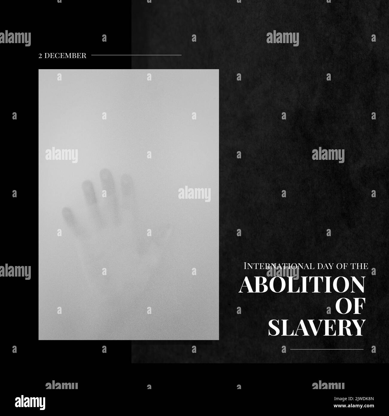 2 dicembre e giornata internazionale dell'abolizione della schiavitù testo e stampa a mano su una finestra bianca Foto Stock