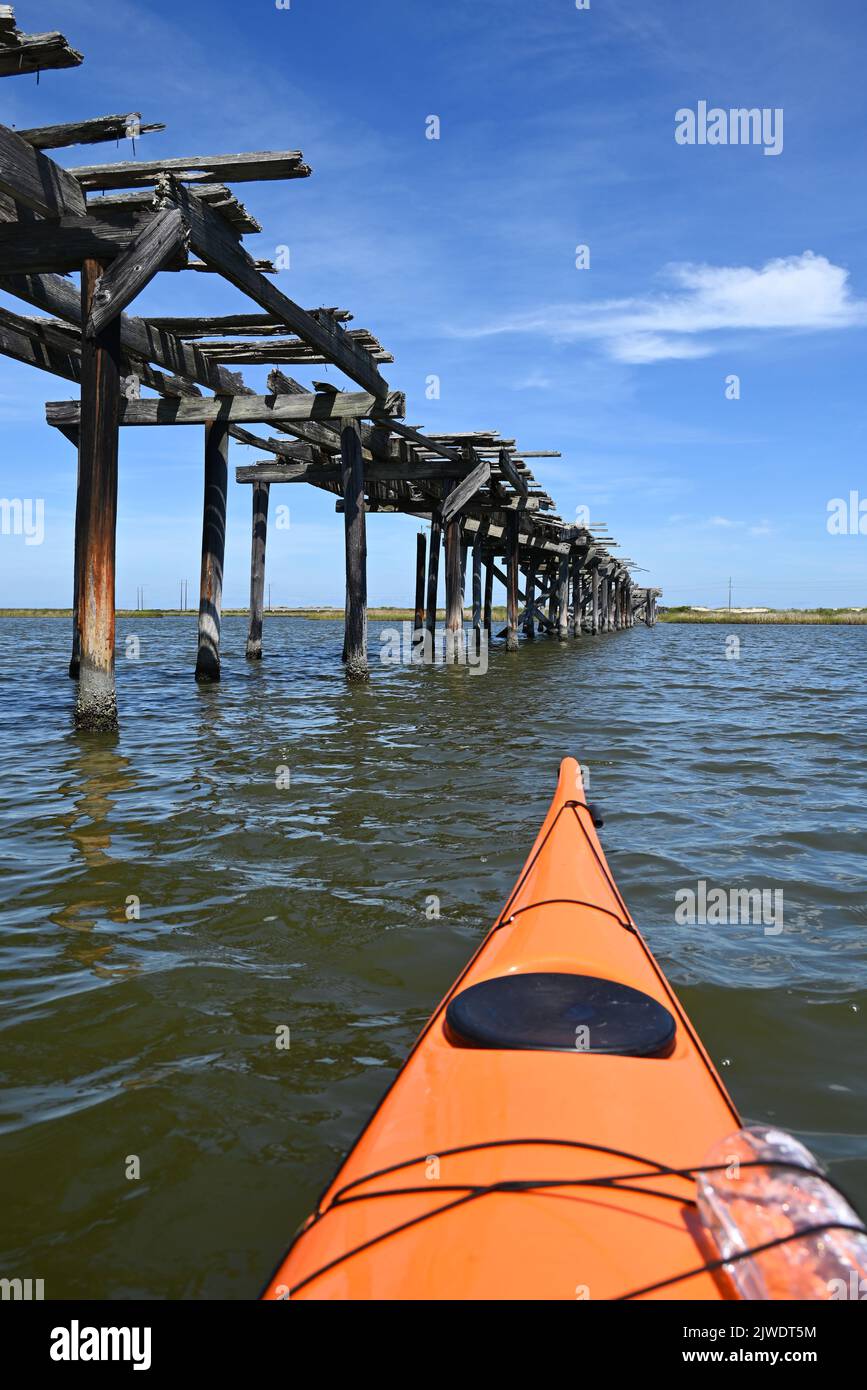 In kayak si passa davanti ai resti di piloni di un ponte di legno degli anni '30 che attraversa il Pamlico Sound nel Pea Island Wildlife Refuge, Outer Banks, North Carolina Foto Stock