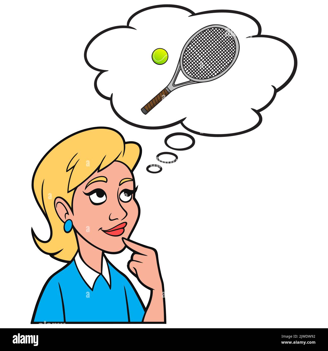 Ragazza che pensa a una palla da tennis e una racchetta - Un'illustrazione del cartone animato di una ragazza che pensa a giocare a tennis con alcuni amici. Illustrazione Vettoriale