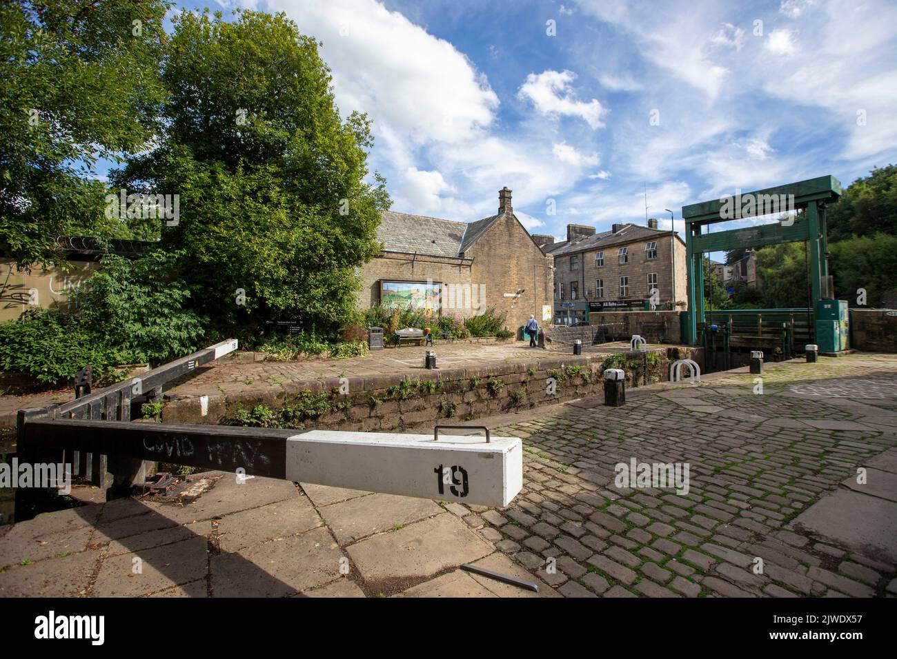 Todmorden è alla confluenza di tre ripide valli Pennine ed è circondato da brughiere con affioramenti di pietra arenaria. Il confine storico tra lo Yorkshire e il Lancashire è il fiume Calder e il suo affluente, Walsden Water, che attraversa la città. Il confine amministrativo è stato alterato dal governo locale legge 1888 che pone l'intera città all'interno del West Riding. La città è servita dalle stazioni ferroviarie di Todmorden e Walsden. La città e il vicino parco eolico sono presenti nel nuovo dramma ITV Ridley con Adrian Dunbar Credit: Windmill Images/Alamy Liv Foto Stock