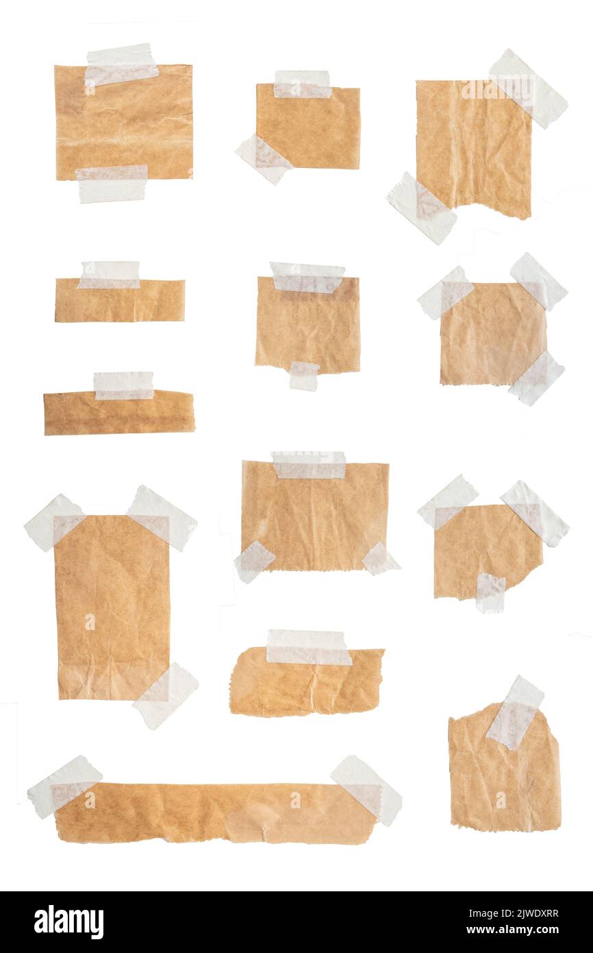 Etichetta di cartellino bianca marrone con nastro adesivo. Foto Stock