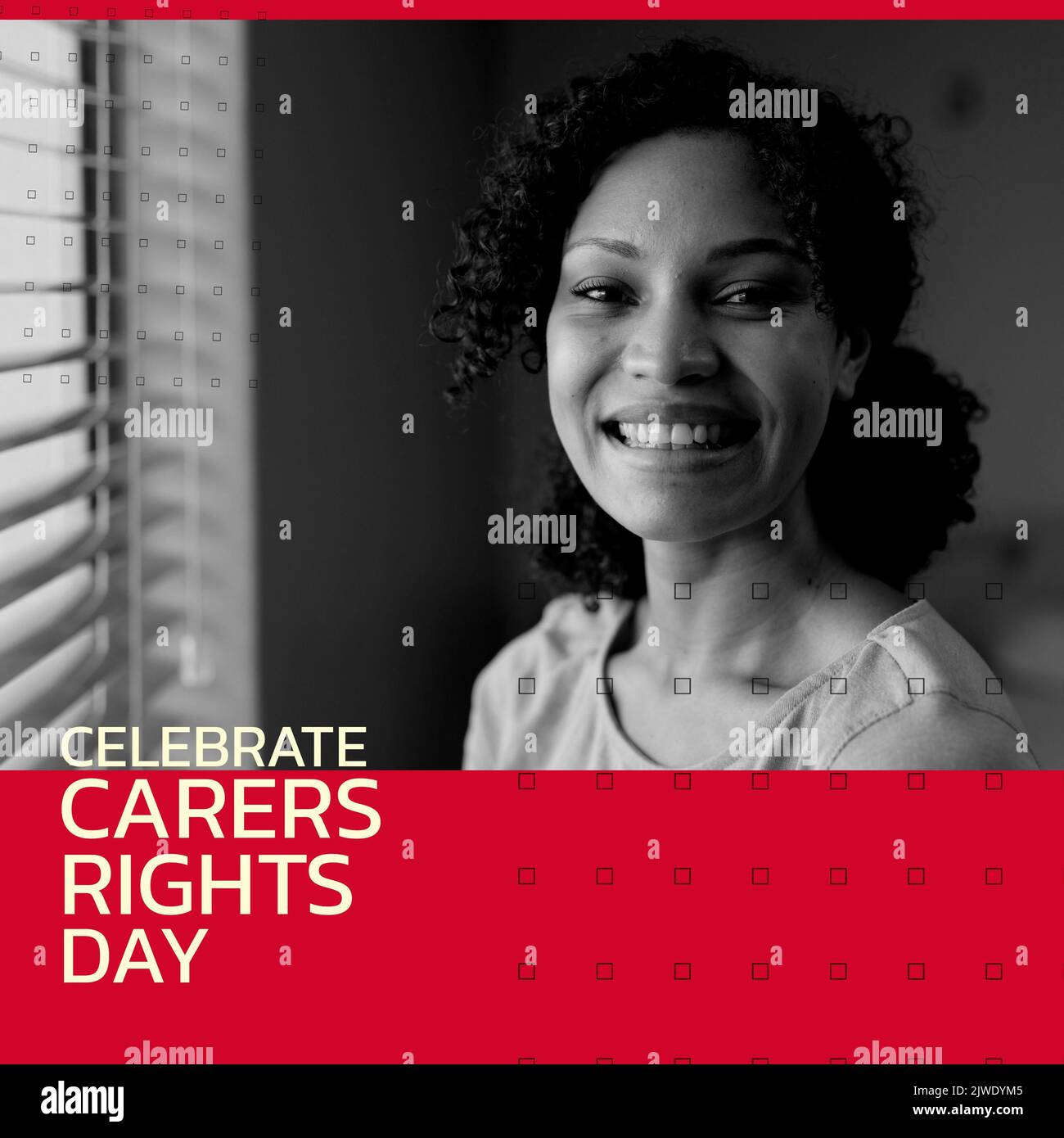 Composito di ritratto di donna biraciale sorridente metà adulta a casa e celebrare la giornata dei diritti dei caregivers Foto Stock