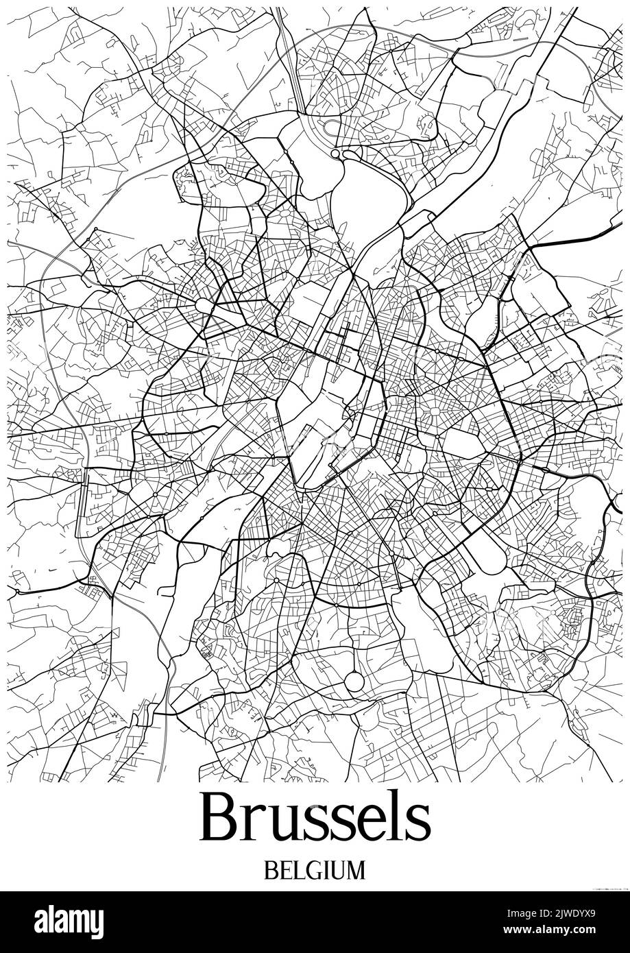 Mappa urbana in bianco e nero di bruxelles Foto Stock