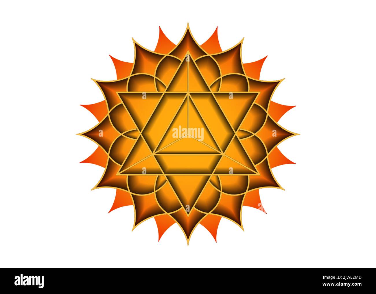 Geometria sacra, simbolo mistico della Merkabah, secondo chakra chakra, fiore di loto sacrale di colore arancione, logo magico disegno di mandala geometrico, segno Illustrazione Vettoriale