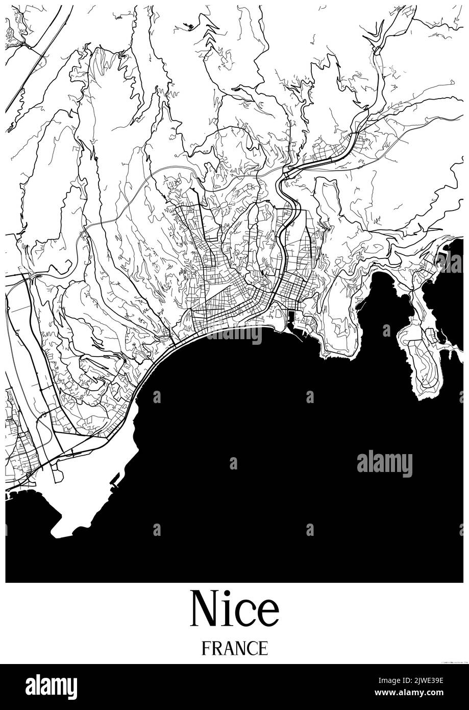 Mappa urbana classica in bianco e nero di Nizza Francia. Questa mappa contiene le linee geografiche per le strade principali e secondarie. Foto Stock