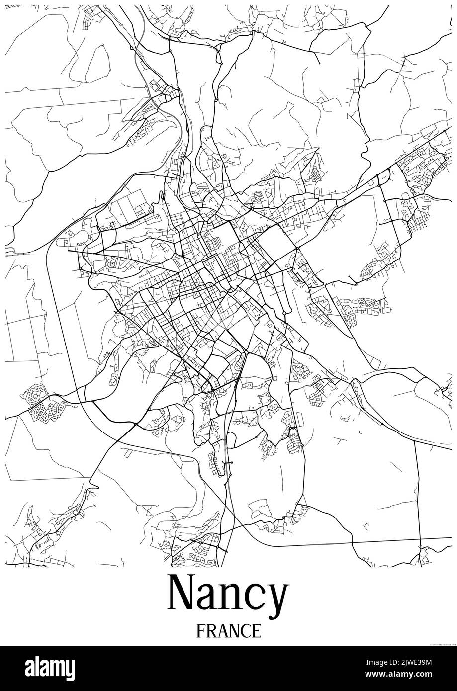 Mappa urbana classica in bianco e nero di Nancy France. Questa mappa contiene le linee geografiche per le strade principali e secondarie. Foto Stock