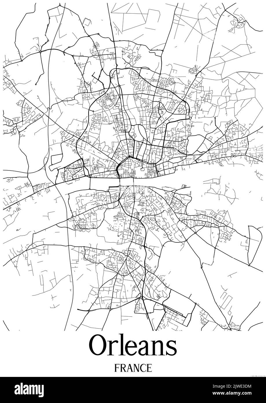 Mappa urbana classica in bianco e nero di Orleans France. Questa mappa contiene le linee geografiche per le strade principali e secondarie. Foto Stock
