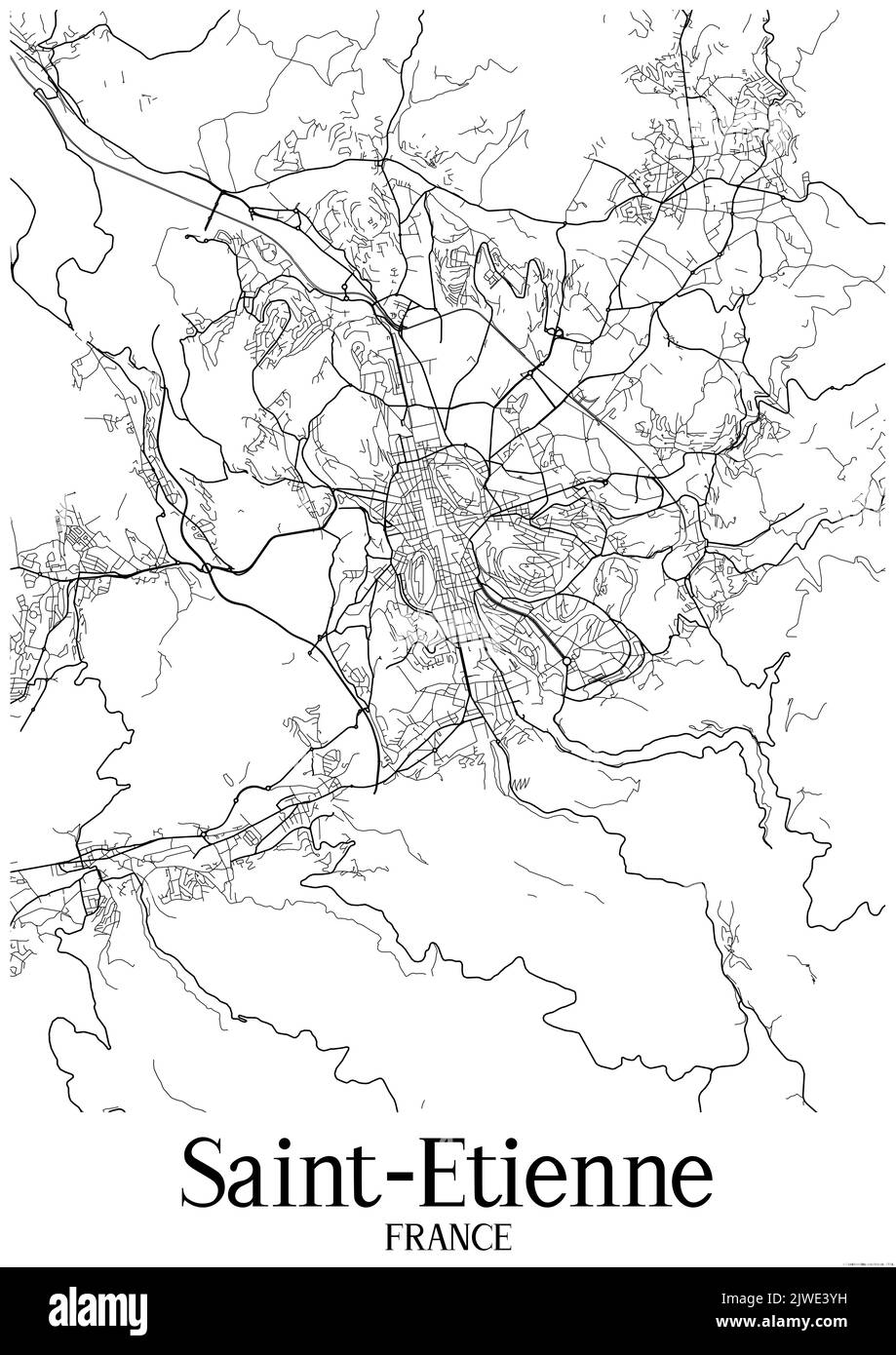 Mappa urbana classica in bianco e nero di Saint Etienne France. Questa mappa contiene linee geografiche per le strade principali e secondarie. Foto Stock