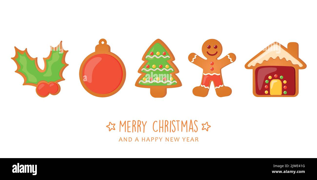 biglietto di auguri natalizio con biscotti pan di zenzero set dolce decorazione Illustrazione Vettoriale