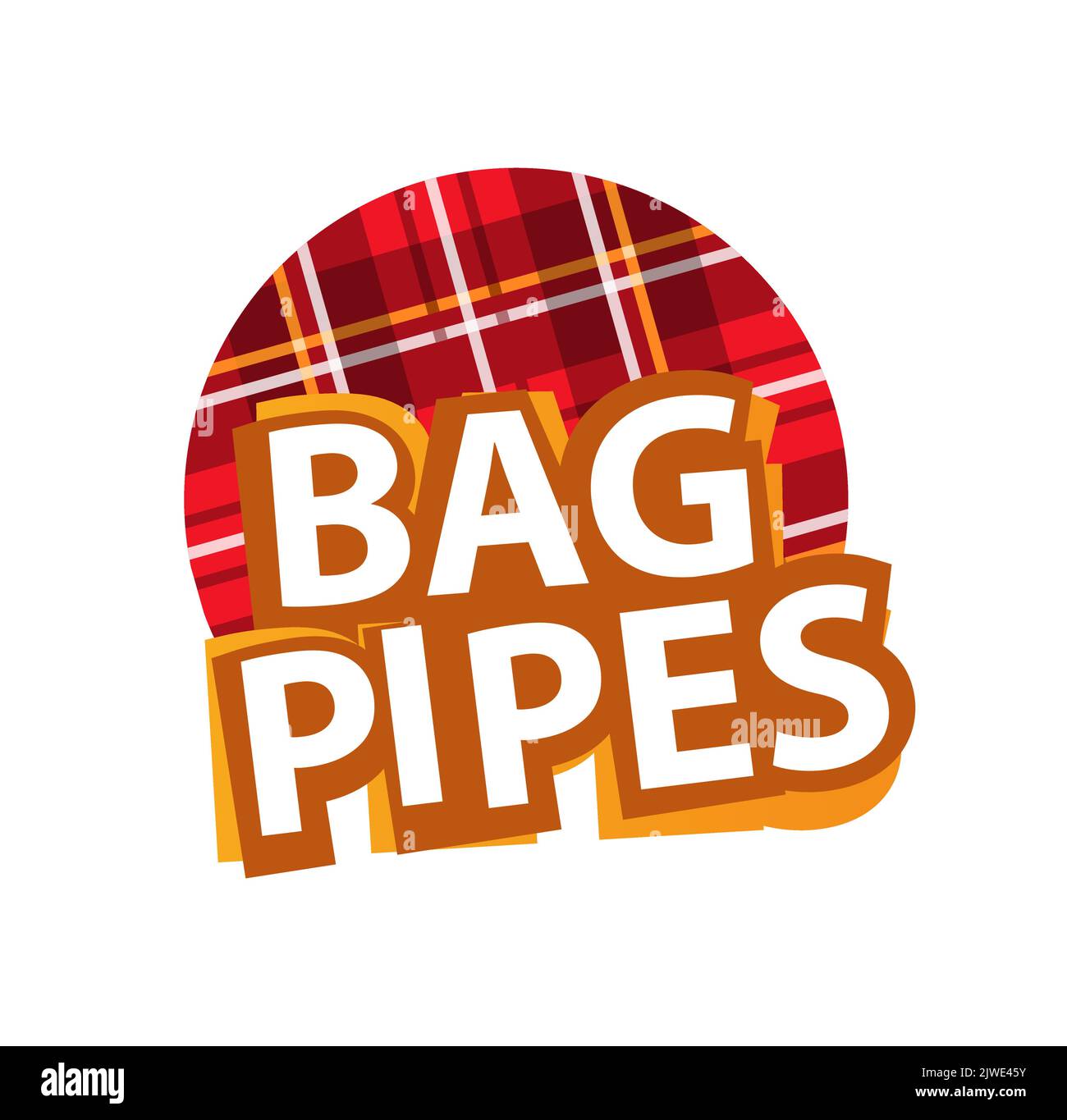 Badge con cornamusa e tartan scozzese. Immagine vettoriale rotonda di Sticker per Folk Music Club o Festival. Illustrazione Vettoriale