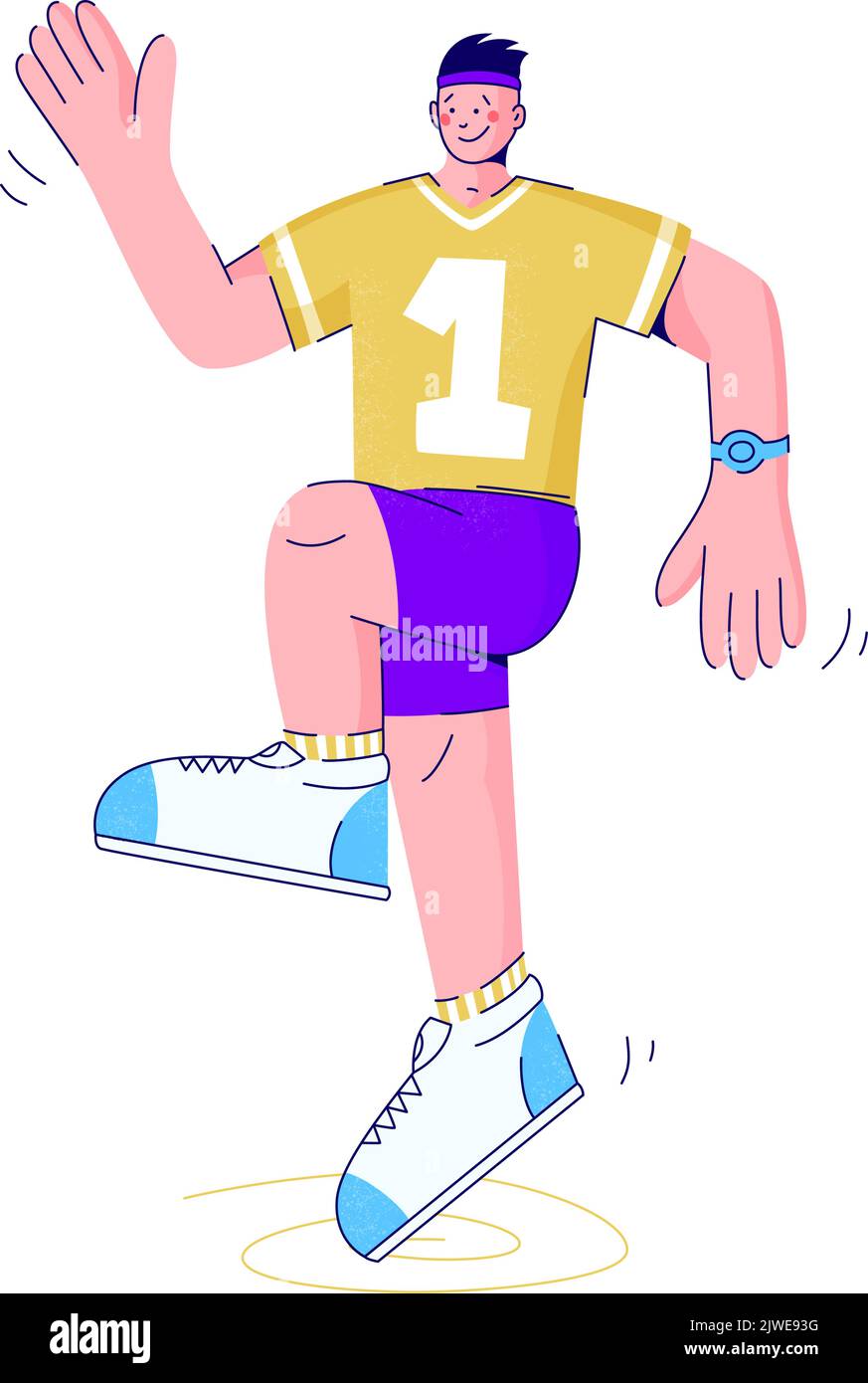 Attività sportiva ed esercizio fisico. Concetto di fitness e allenamento. L'uomo salta facendo esercizi cardio e riscaldando. Formazione per uno stile di vita sano Illustrazione Vettoriale