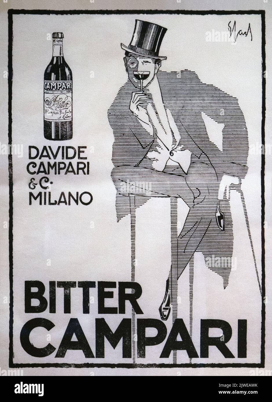 Vecchia pubblicità di Bitter Campari in bianco e nero. Immagine scattata alla Galleria Campari vicino a Milano. Foto Stock