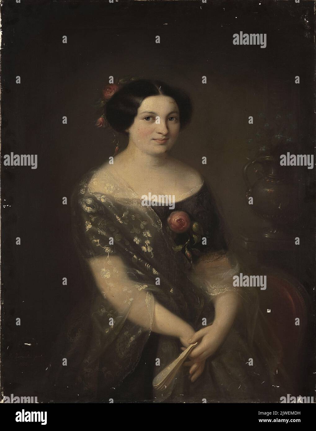 Ritratto di una donna con un ventilatore piegato. Zarzecki, Marcin (1825-1870), pittore Foto Stock