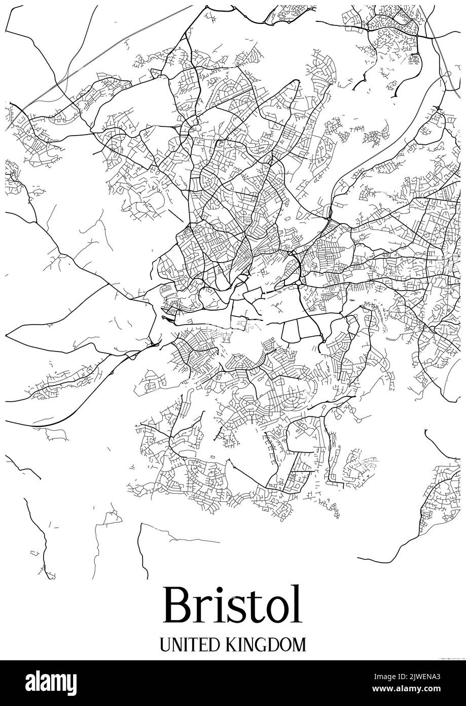 Mappa urbana classica in bianco e nero di Bristol United Kingdom. Questa mappa contiene le linee geografiche per le strade principali e secondarie. Foto Stock