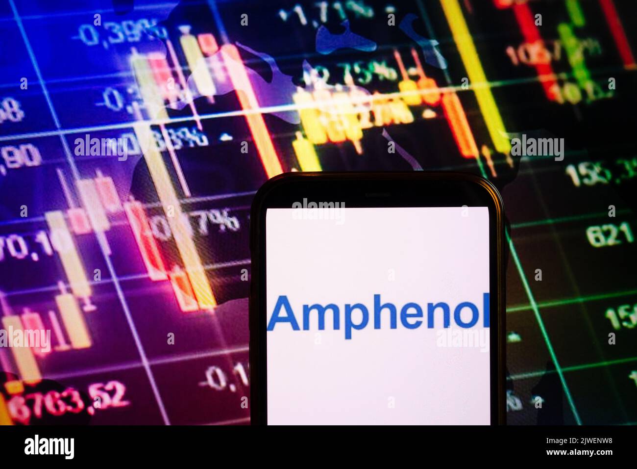 KONSKIE, POLONIA - 04 settembre 2022: Smartphone che mostra il logo della società Amphenol sullo sfondo del diagramma di borsa Foto Stock