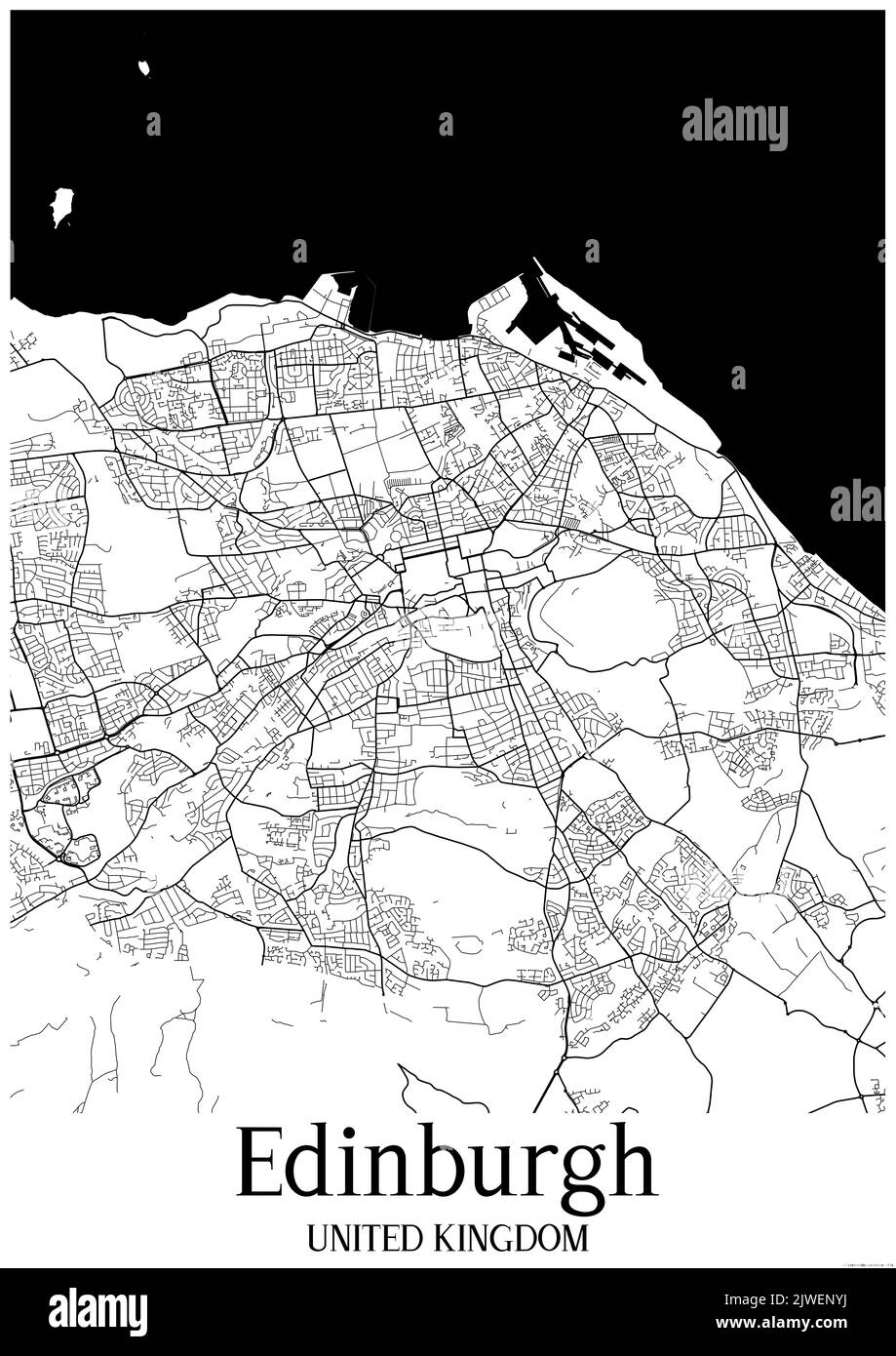 Mappa urbana classica in bianco e nero di Edimburgo Regno Unito. Questa mappa contiene le linee geografiche per le strade principali e secondarie. Foto Stock