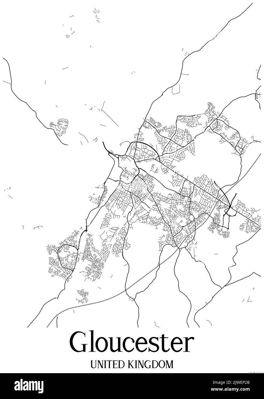 Mappa urbana classica in bianco e nero di Gloucester Regno Unito. Questa mappa contiene linee geografiche per le strade principali e secondarie. Foto Stock